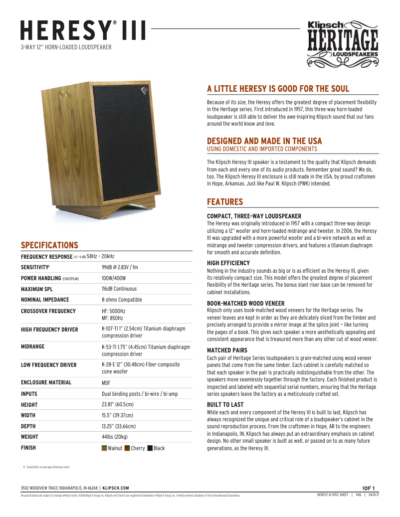 Page n°1 - Fiche technique Klipsch Heritage Heresy III