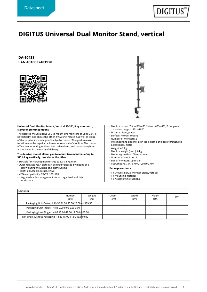 Page 1 de la notice Fiche technique Digitus DA-90438
