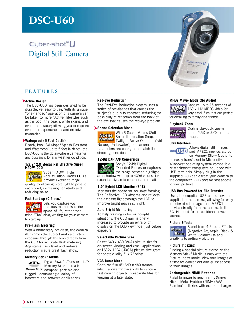 Page 1 de la notice Fiche technique Sony Cybershot DSC-U60