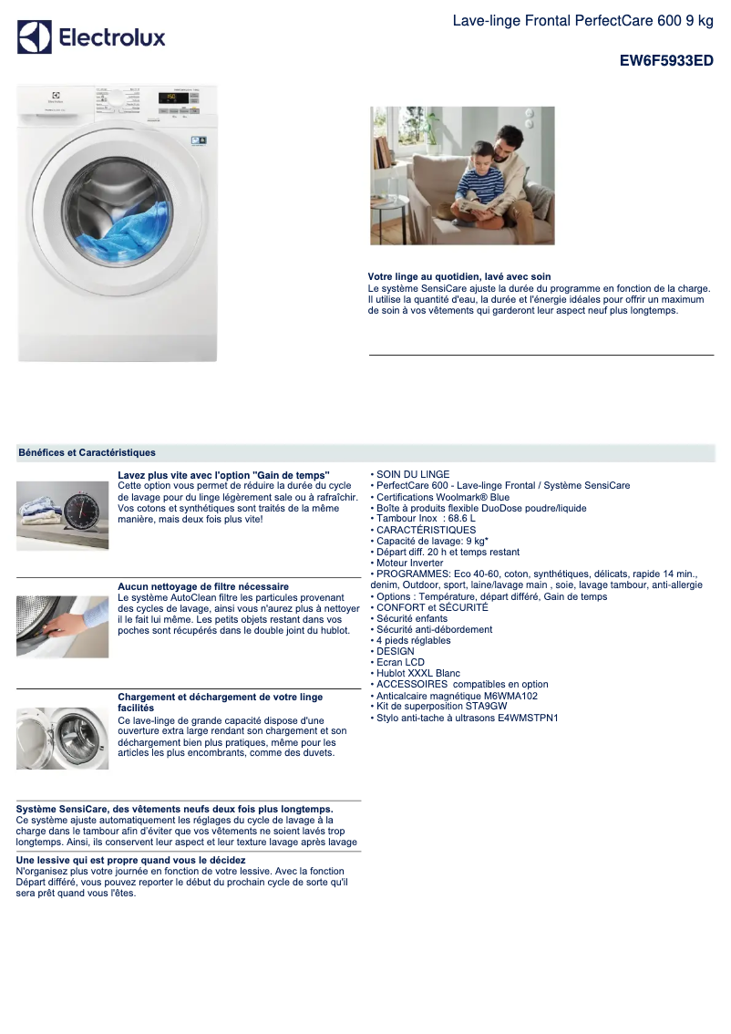 Page 1 de la notice Fiche technique Electrolux EW6F5933ED