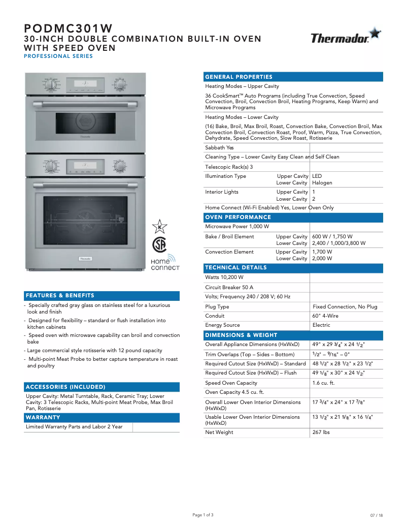 Page 1 de la notice Fiche technique Thermador PODMC301W
