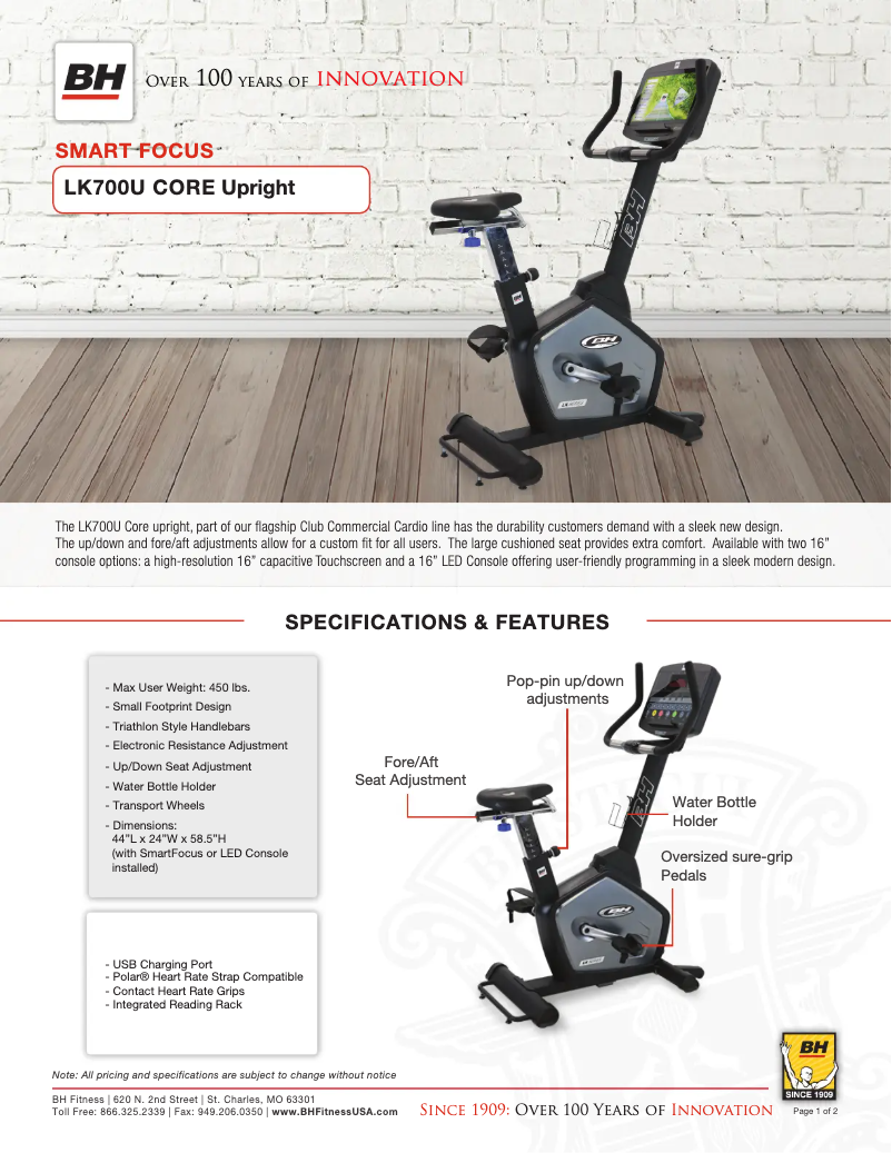 Page 1 de la notice Fiche technique BH Fitness LK700U Core