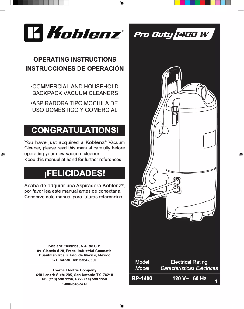 Page 1 de la notice Manuel utilisateur Thorne Electric BP-1400