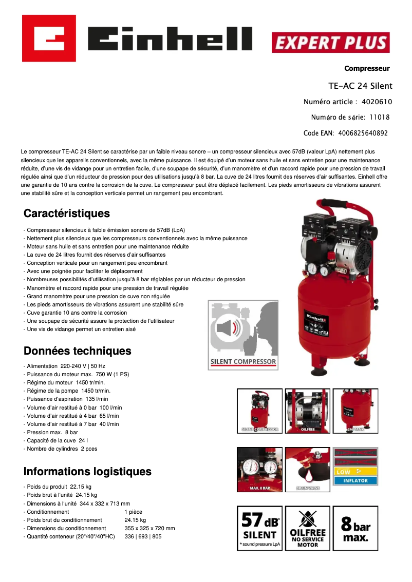 Page 1 de la notice Fiche technique Einhell TE-AC 24 Silent
