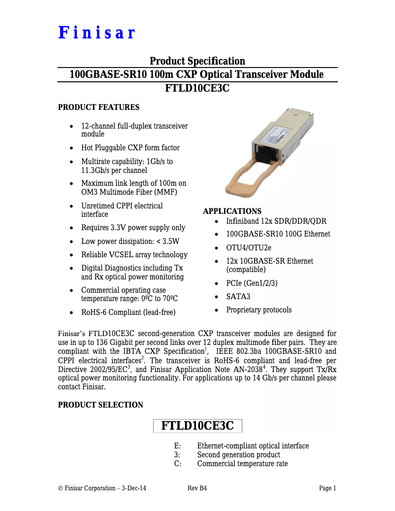 Page n°1 - Manuel utilisateur Finisar FTLD10CE3C
