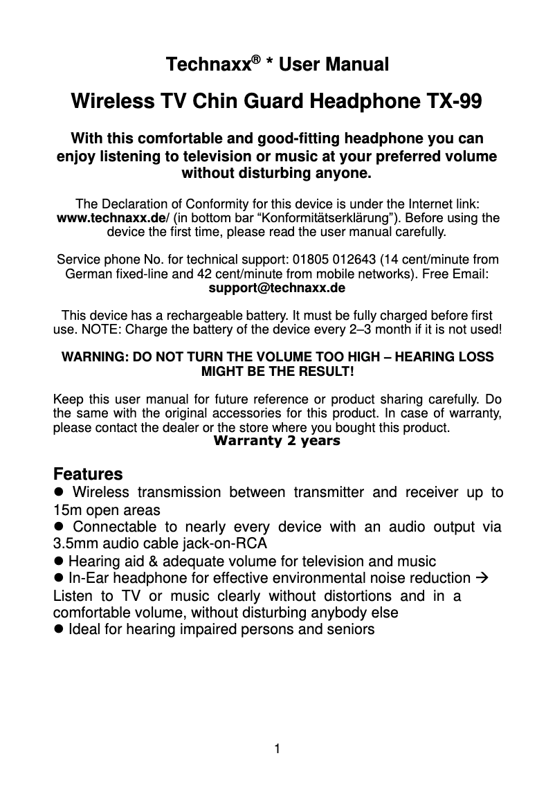 Page 1 de la notice Manuel utilisateur Technaxx TX-99