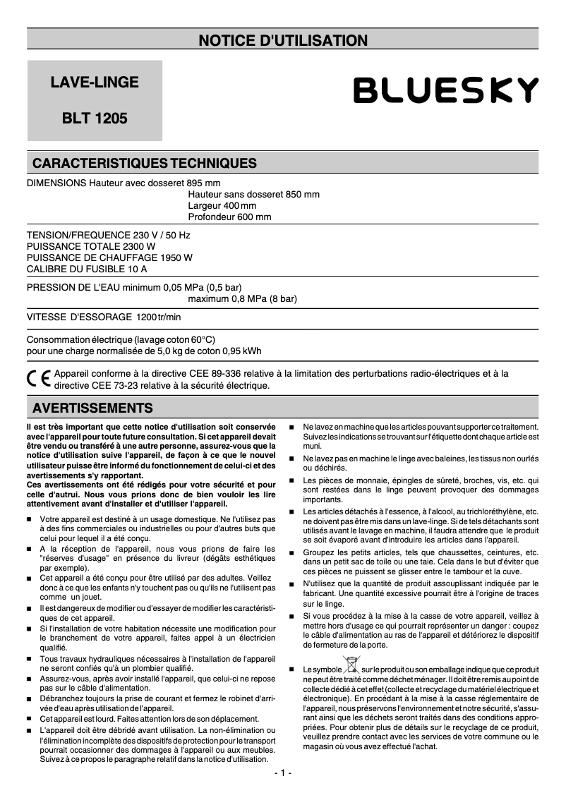 Image de la première page du manuel de l'appareil BLT 1205