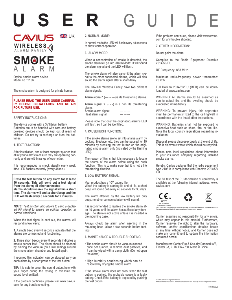 Page 1 de la notice Manuel utilisateur Kidde CV2106