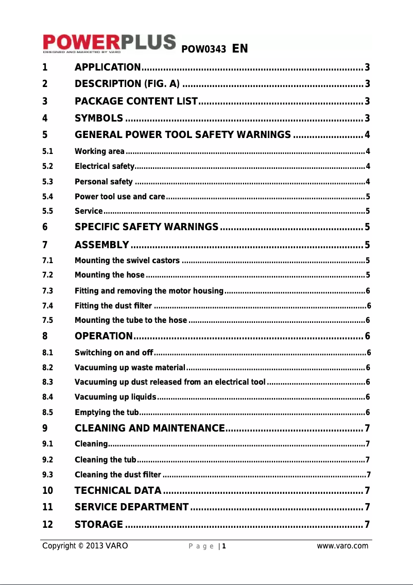 Page 1 de la notice Manuel utilisateur VARO POW0343