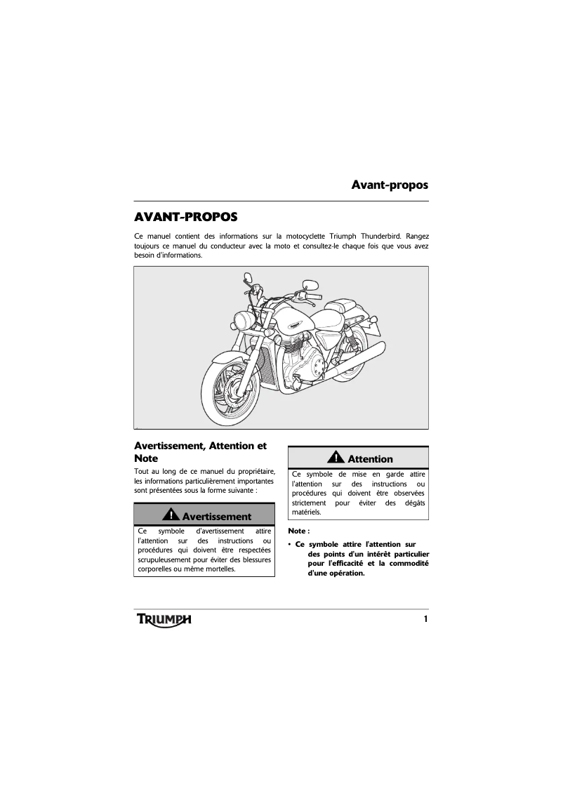Page 1 de la notice Manuel utilisateur Triumph Thunderbird (2012)