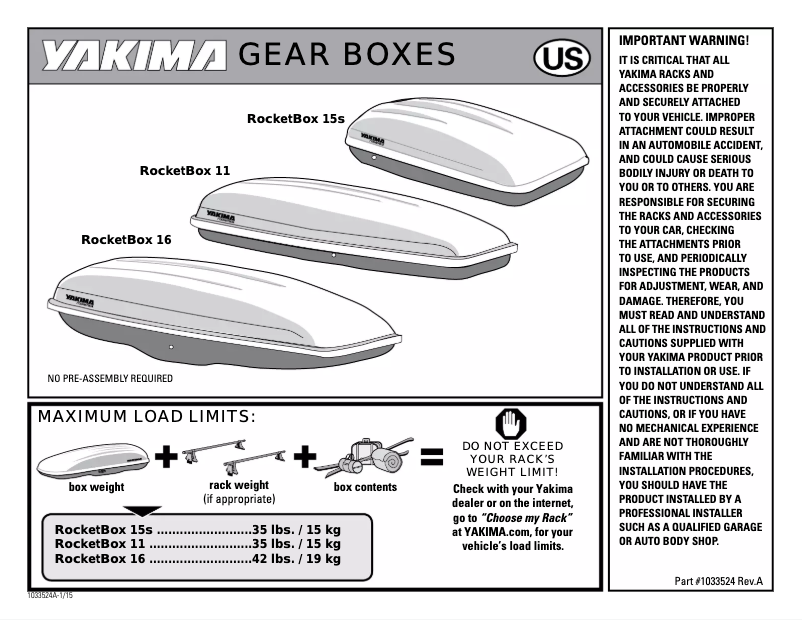 Page n°1 - Manuel utilisateur Yakima RocketBox 16