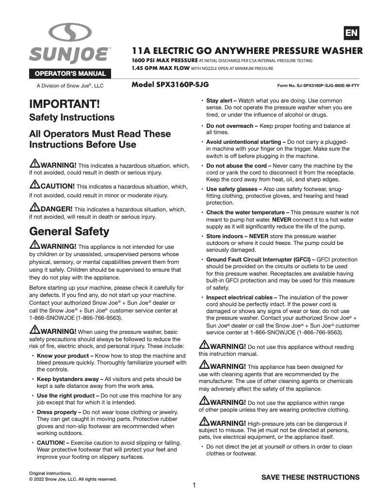 Page 1 de la notice Manuel utilisateur Sun Joe SPX3160P