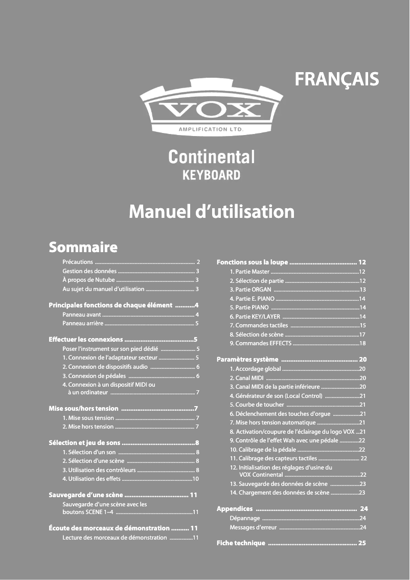 Page 1 de la notice Manuel utilisateur Korg VOX Continental