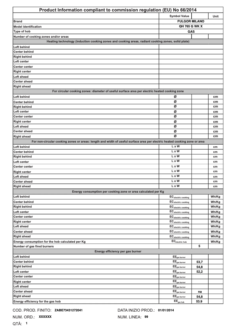 Page 1 de la notice Label énergétique Fulgor Milano QH 765 GWK