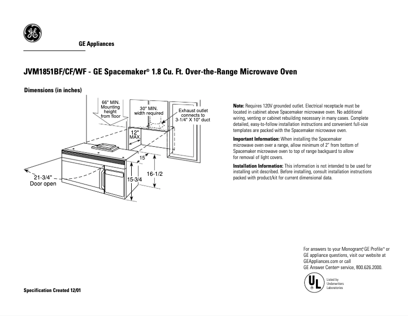 Page 1 de la notice Fiche technique GE JVM1851CF