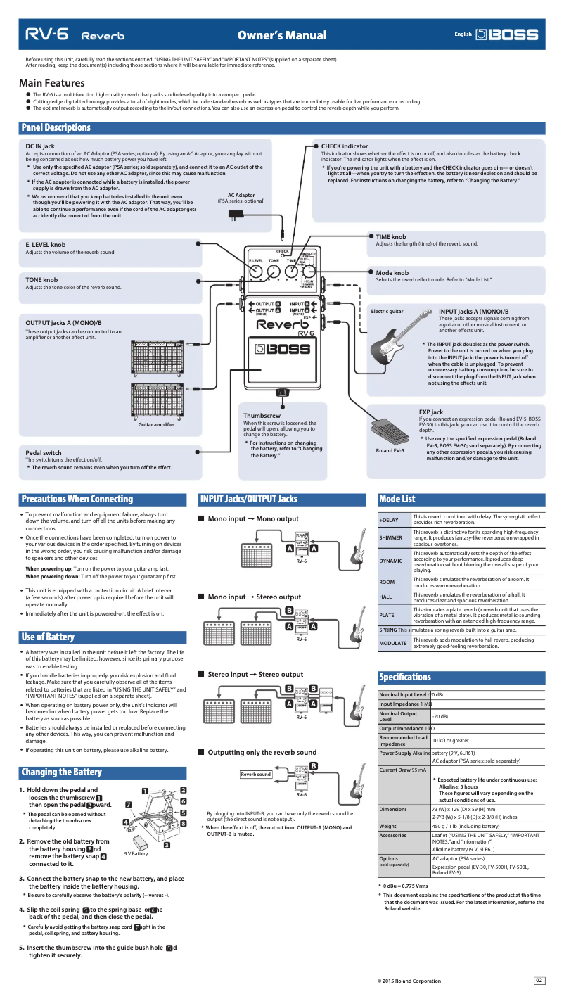 Page 1 of the manual User Manual Boss Reverb RV-6