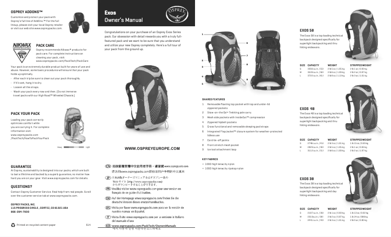 Page 1 de la notice Manuel utilisateur Osprey Exos 48