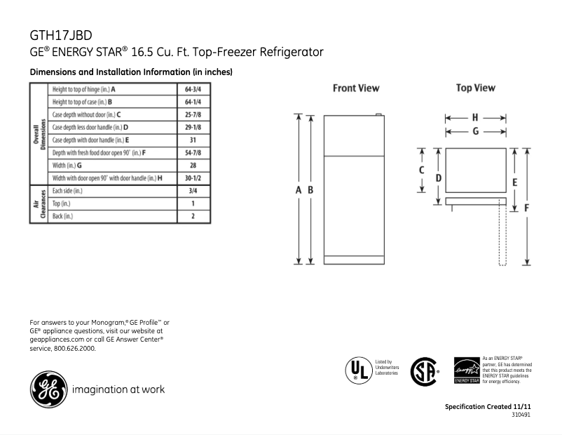 Page 1 de la notice Fiche technique GE GTH17JBDWW