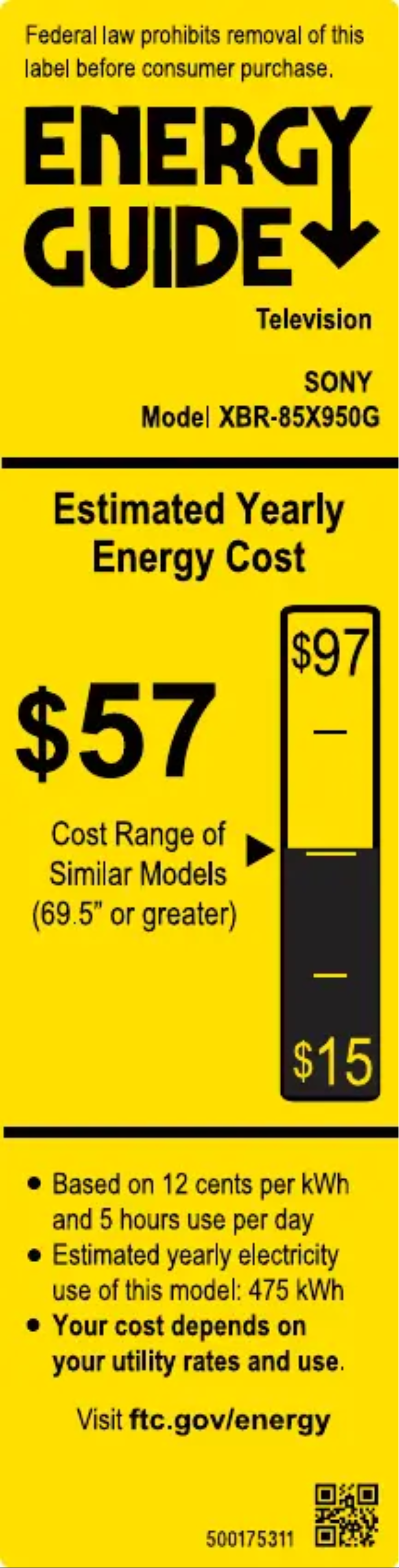 Page 1 de la notice Label énergétique Sony XBR-85X950G