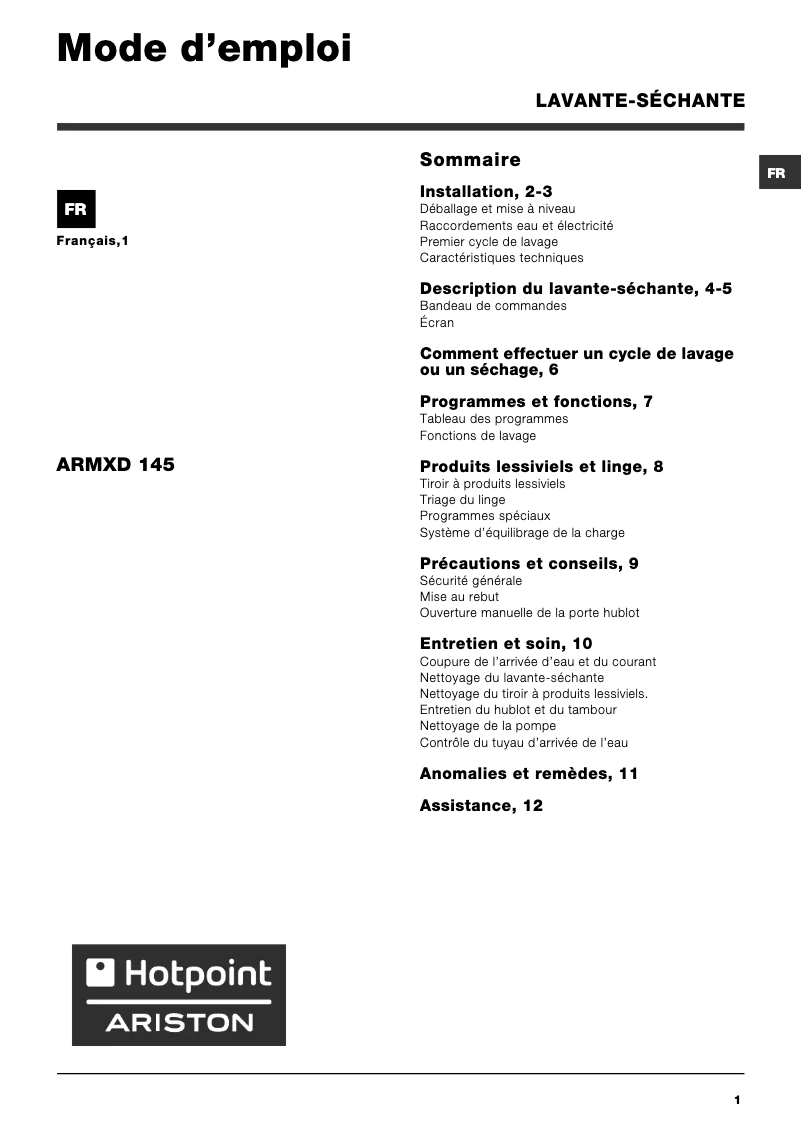 Page 1 de la notice Manuel utilisateur Hotpoint Ariston ARMXD 145