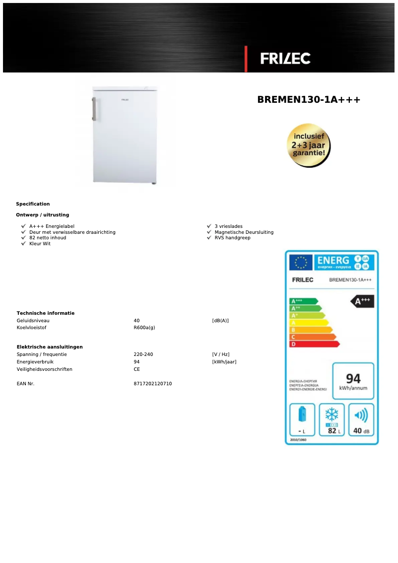Page 1 de la notice Fiche technique Frilec BREMEN130-1A+++