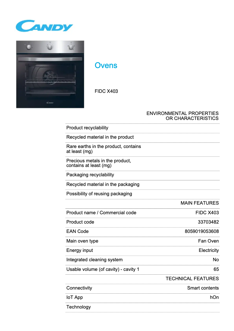 Page 1 de la notice Fiche technique Candy FIDC X403