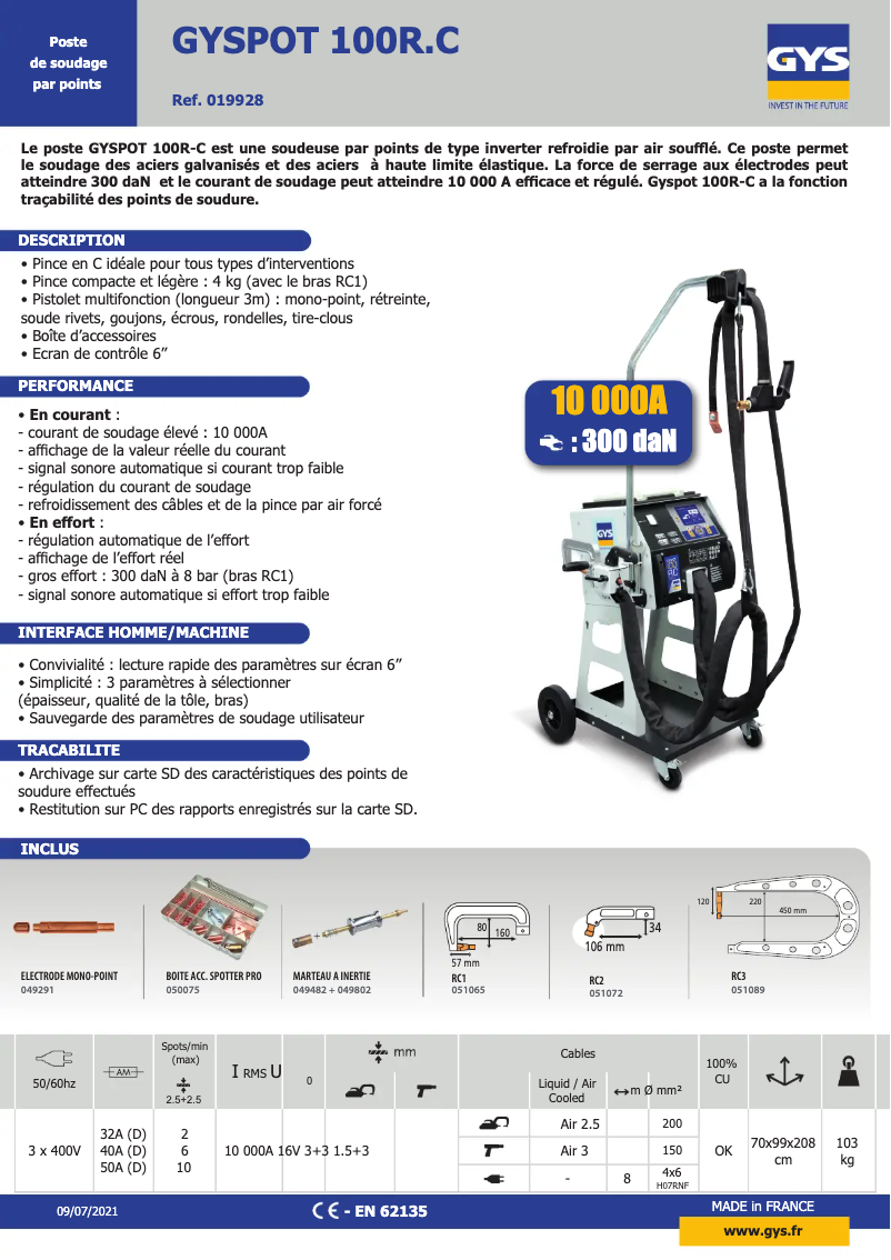 Page 1 de la notice Fiche technique GYS Gyspot 100 R.C