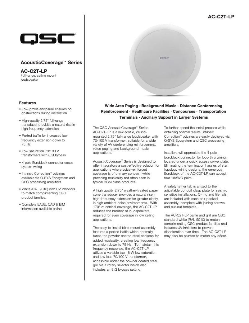 Image de la première page du manuel de l'appareil AcousticCoverage AC-C2T-LP