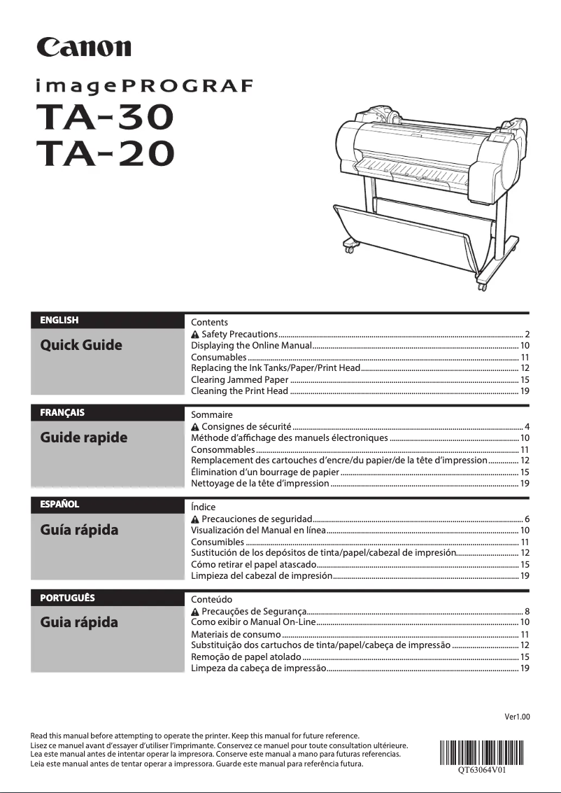 Image de la première page du manuel de l'appareil ImagePROGRAF TA-20