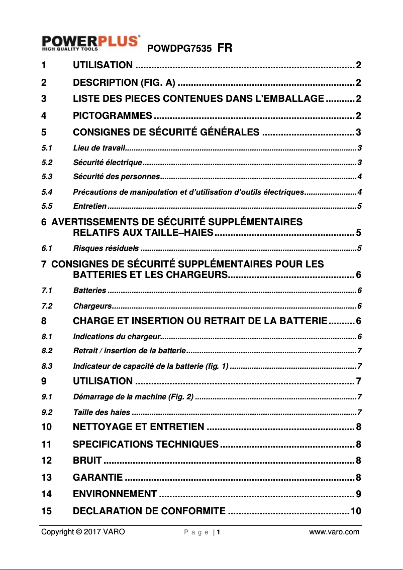 Image de la première page du manuel de l'appareil POWDPG7535