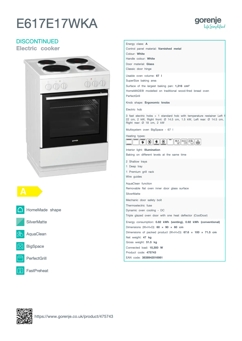 Page n°1 - Fiche technique Gorenje E617E17WKA