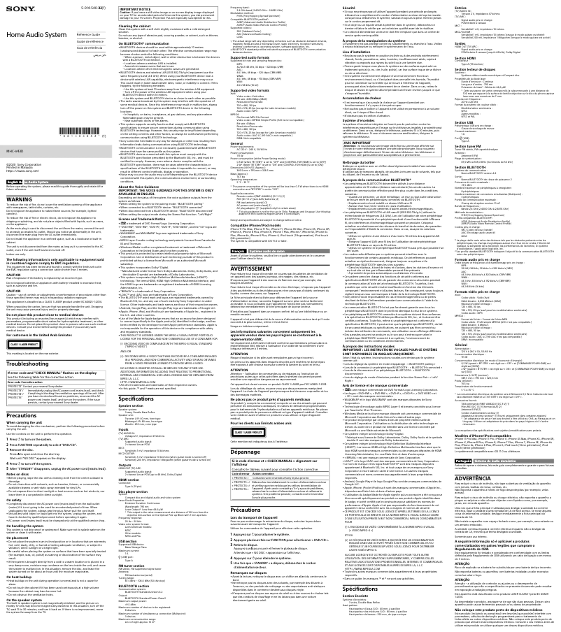 Page 1 de la notice Manuel utilisateur Sony MHC-V43D