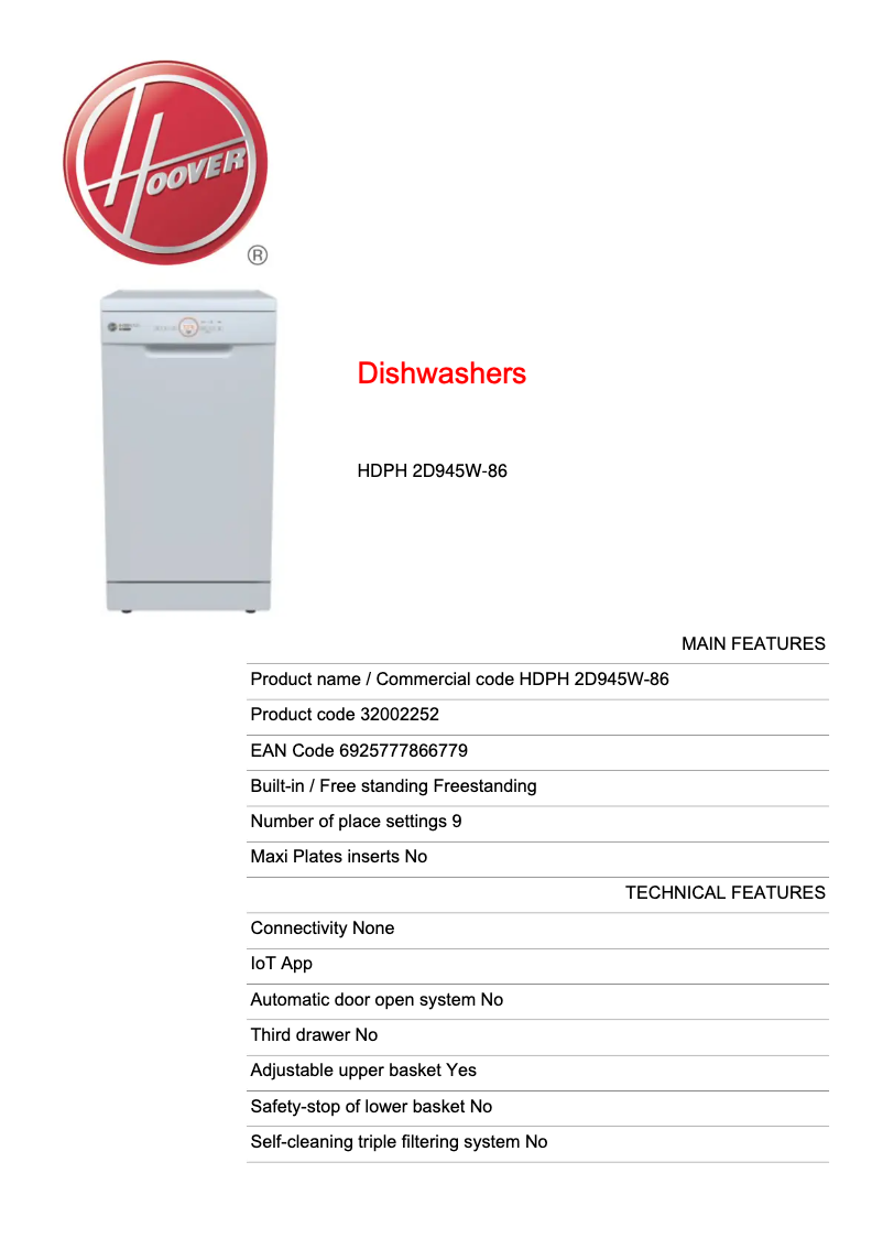 Page n°1 - Fiche technique Hoover HDPH 2D945W-86