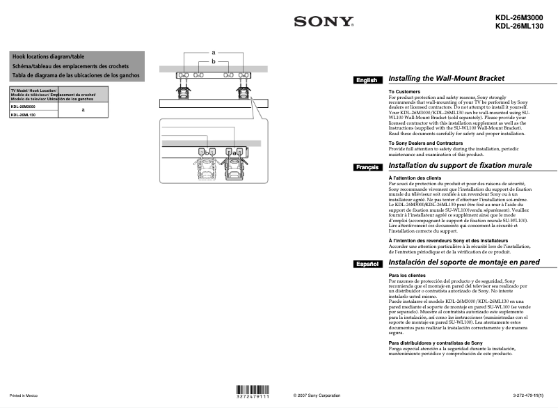 Page 1 de la notice Guide d'installation Sony Bravia KDL-26M3000