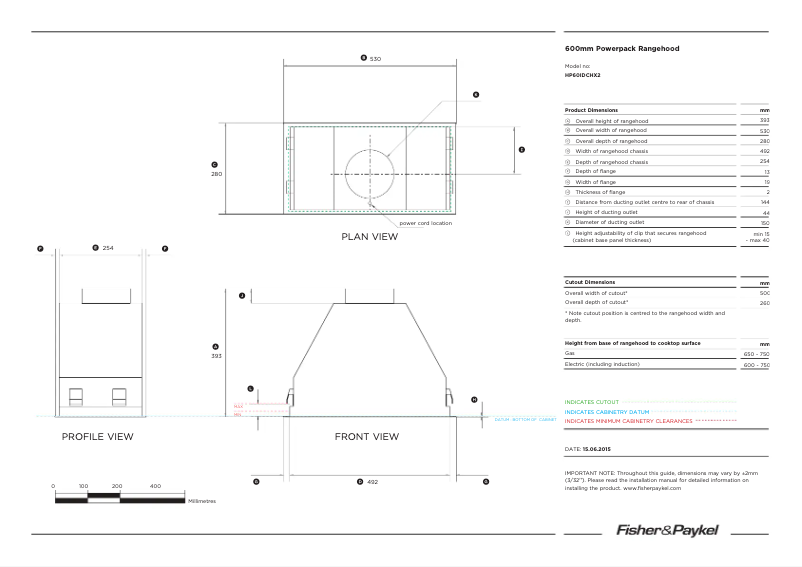 Page 1 de la notice Fiche technique Fisher & Paykel HP60IDCHX2