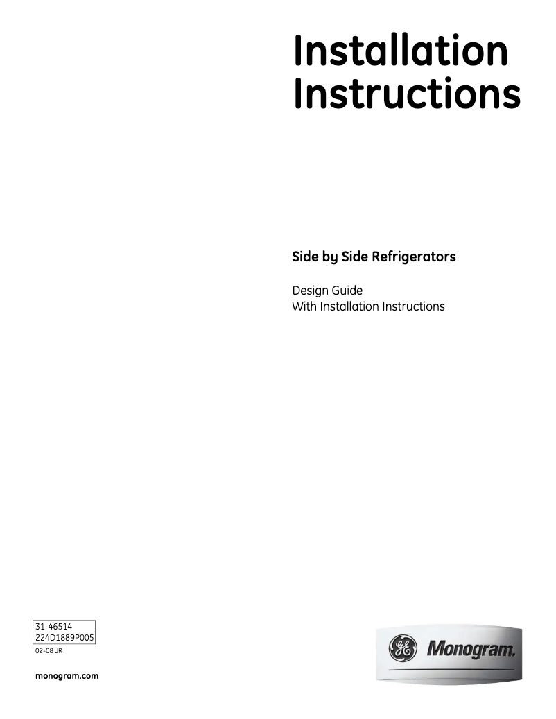 Page n°1 - Guide d'installation GE ZISW420DX