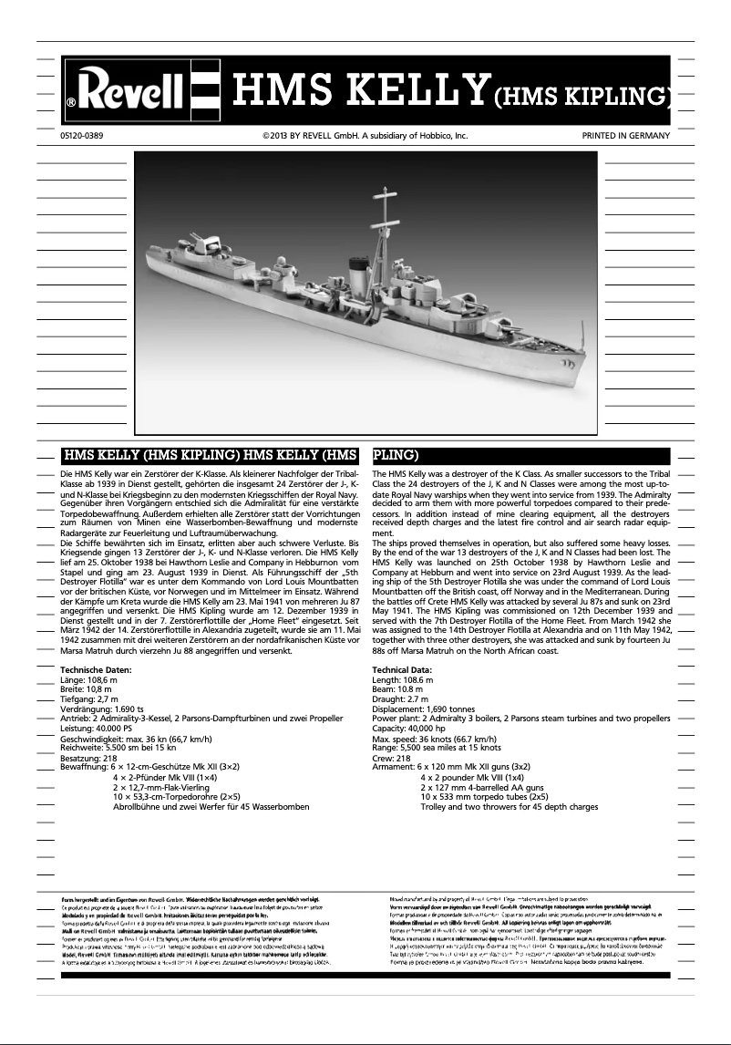 Page 1 de la notice Manuel utilisateur Revell HMS Kelly/HMS Kipling