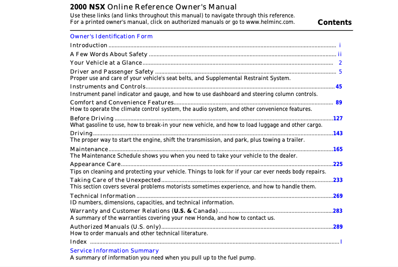 Page 1 de la notice Manuel utilisateur Acura NSX (2000)