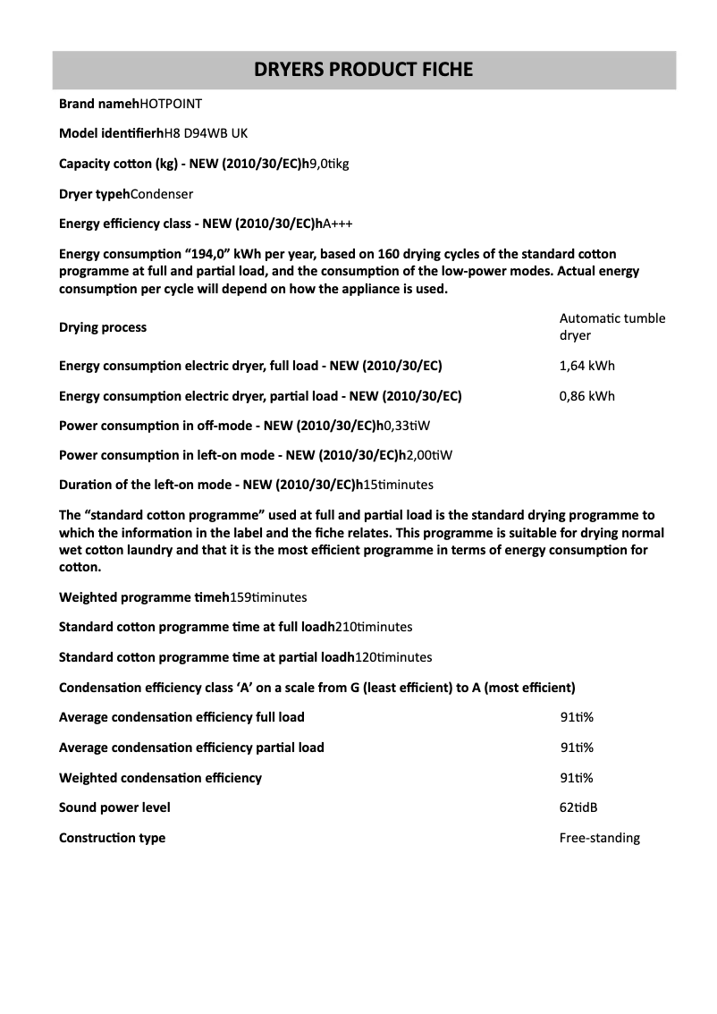 Page 1 de la notice Fiche technique Hotpoint H8 D94WB UK