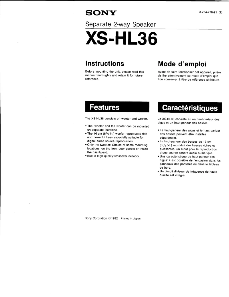 Page 1 de la notice Manuel utilisateur Sony XS-HL36