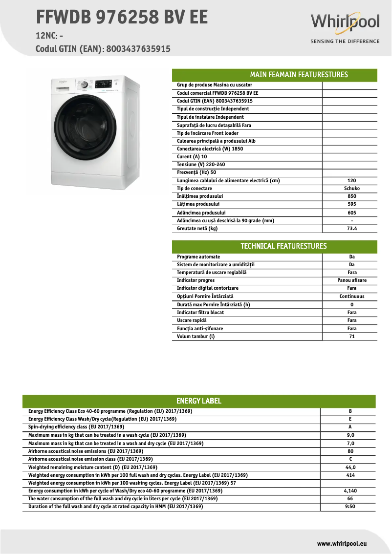 Página 1 del manual Ficha técnica Whirlpool FFWDB 976258 BV EE