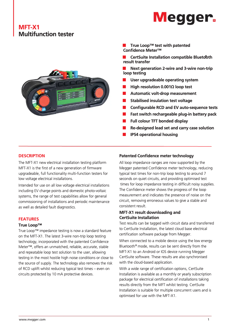 Page 1 de la notice Fiche technique Megger MFT-X1