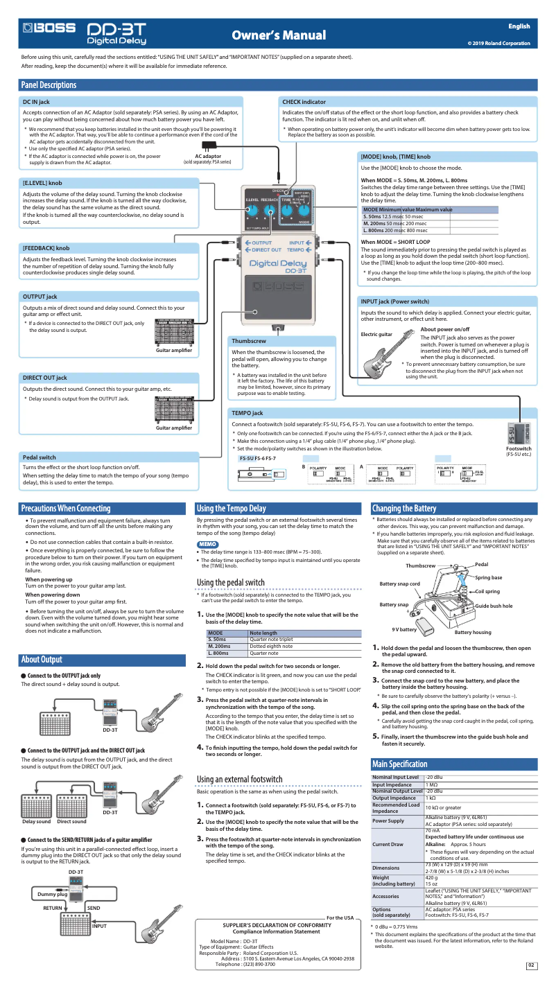 Page 1 de la notice Manuel utilisateur Boss DD-3T