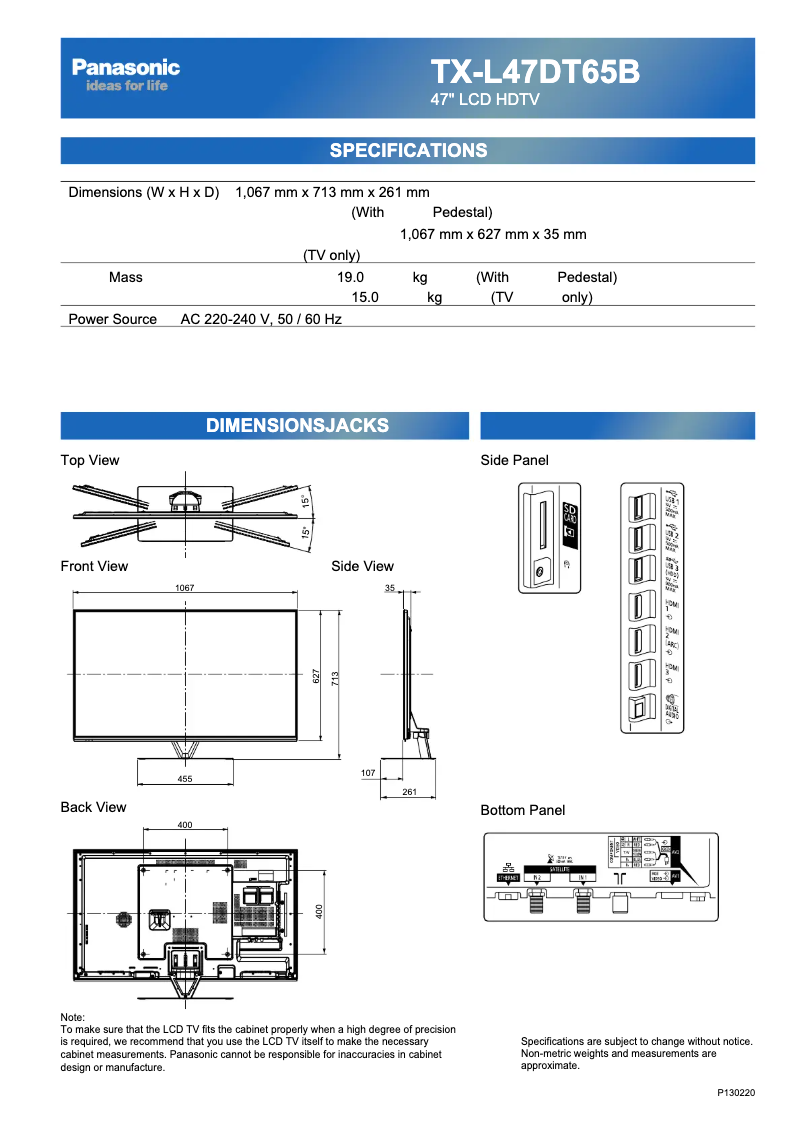 Page 1 de la notice Manuel utilisateur Panasonic TX-L47DT65B
