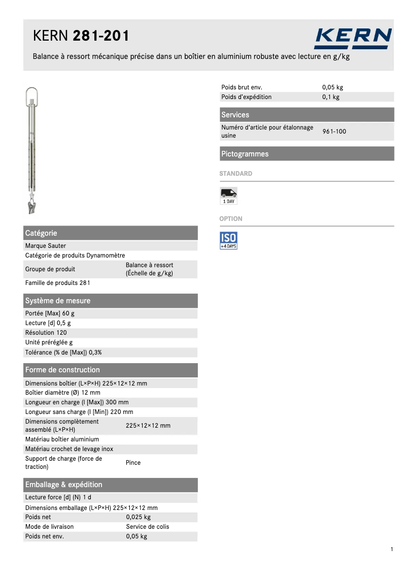 Page n°1 - Fiche technique Kern 281-201