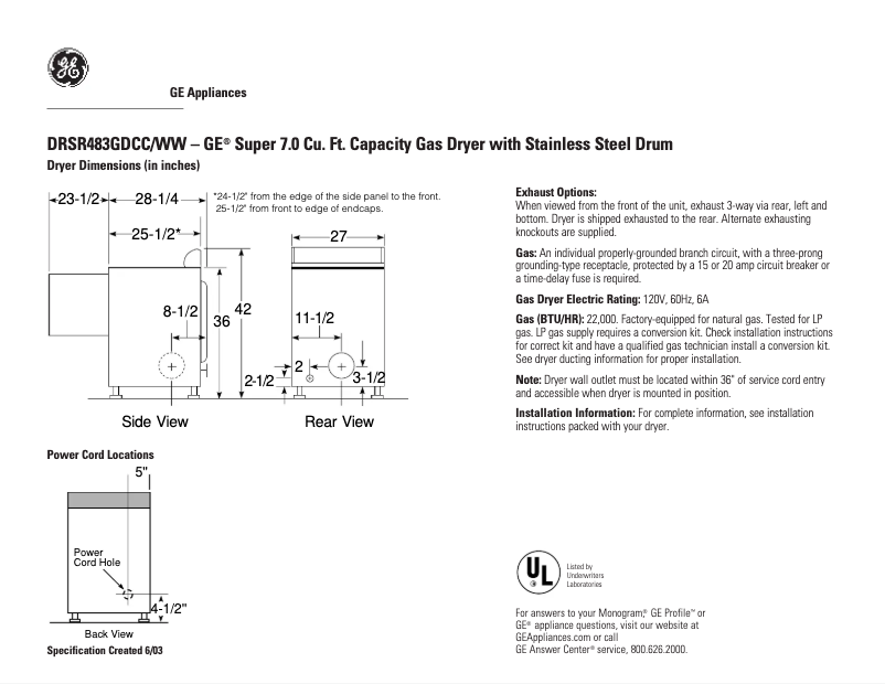 Page n°1 - Fiche technique GE DRSR483GDWW