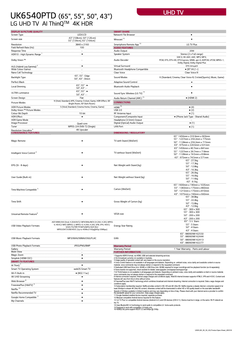 Page n°1 - Fiche technique LG 43UK6540PTD
