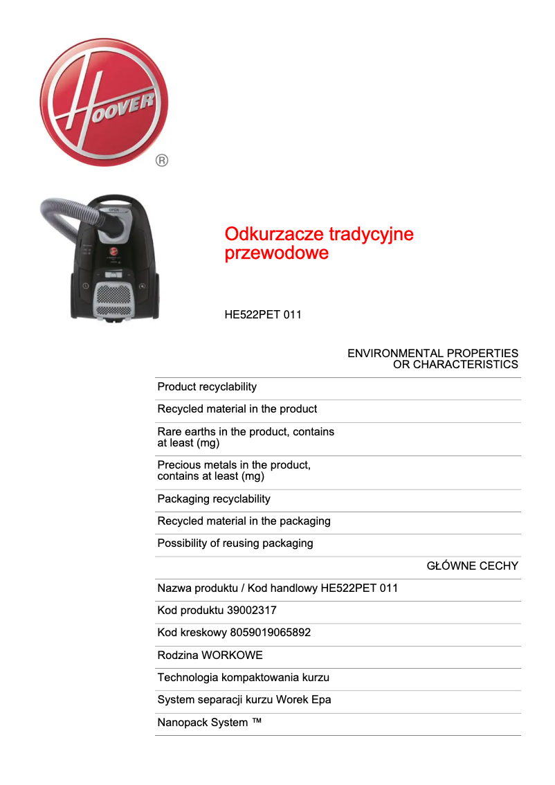 Page n°1 - Fiche technique Hoover H-ENERGY 500 HE522PET 011