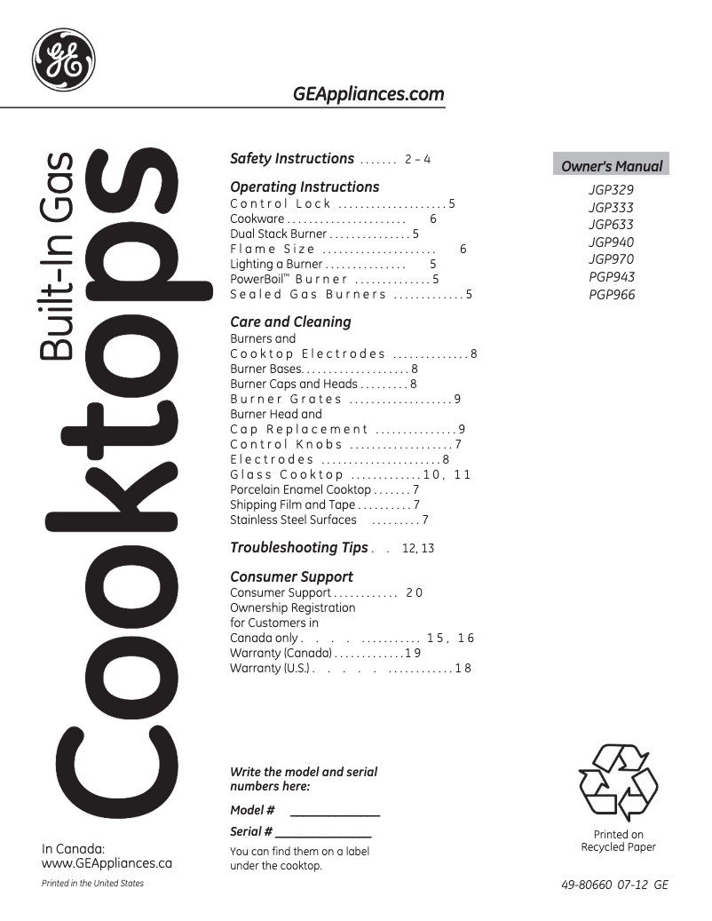 Page 1 of the manual Instruction Manual GE Profile JGP940TEKWW