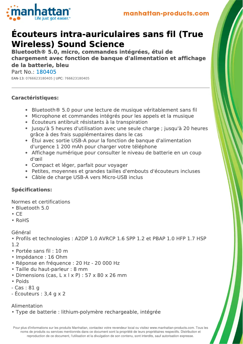 Page 1 de la notice Fiche technique Manhattan 180405